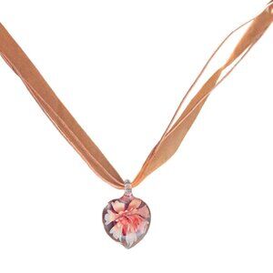 Boho Orange Blown Glass Floral Pendant Ribbon Necklace Retro 60s 70s Fashion